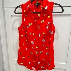 BCX Sz Small Red Sleeveless Button-Down Festive Lemon Print Blouse